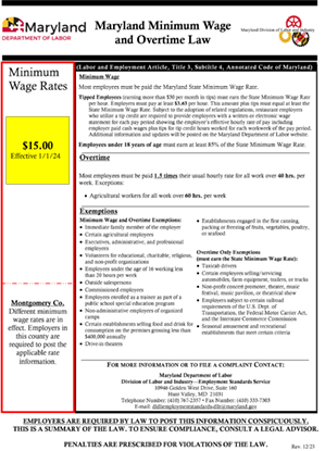 Maryland minimum wage and overtime law details.