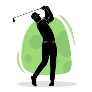 Silhouette of golfer swinging club, green background.
